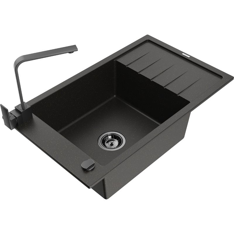 Zlewozmywak granitowy 1-komorowy Mexen Elias z ociekaczem i baterią kuchenną Rita czarny/złoty metalik - 6511-75-670300-70 1 szt.