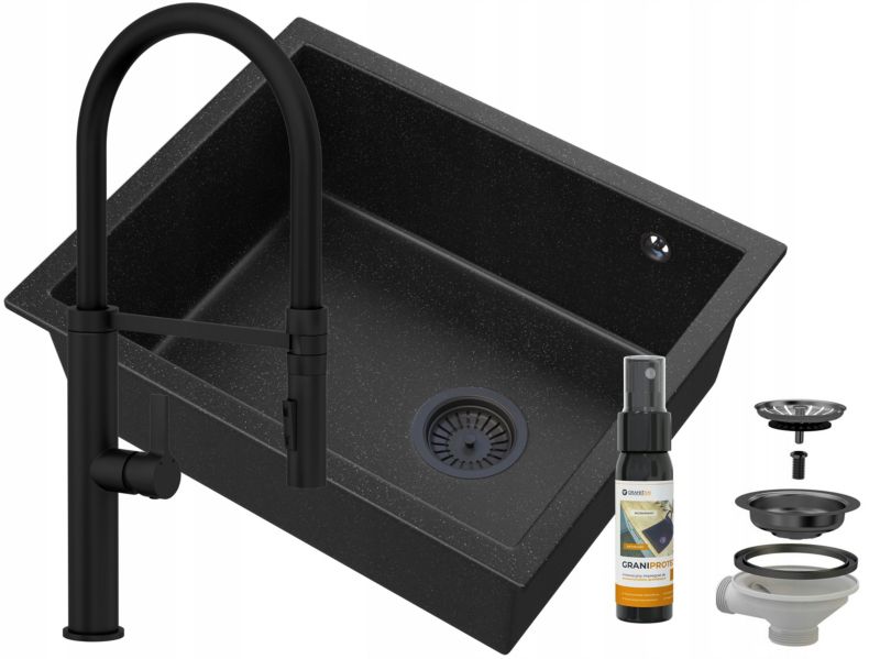 Zlewozmywak granitowy podblatowy Granitan Salix Czarny Bateria Full Czarna Syfon Czarny 1 kpt.