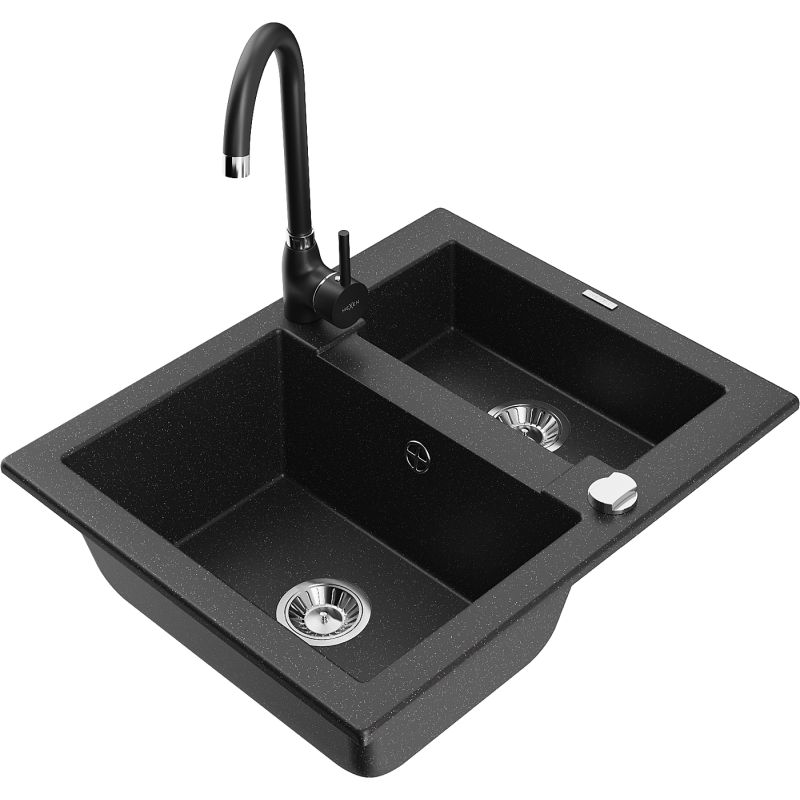 Zlewozmywak granitowy 1.5-komorowy Mexen Carlos z baterią kuchenną Telma czarny/srebrny metalik 6518-73-670200-70