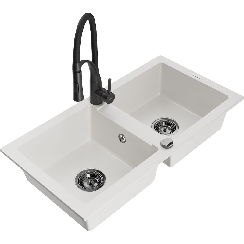 Zlewozmywak granitowy 2-komorowy Mexen Mario z baterią kuchenną Aster czarny - 6504-77-73450-07-B 1 szt.