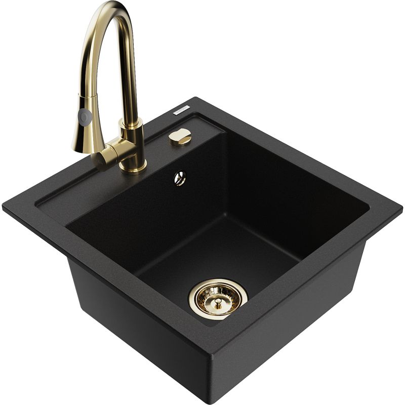 Zlewozmywak granitowy 1-komorowy Mexen Vito z baterią kuchenną Elia czarny 6503-77-670101-50