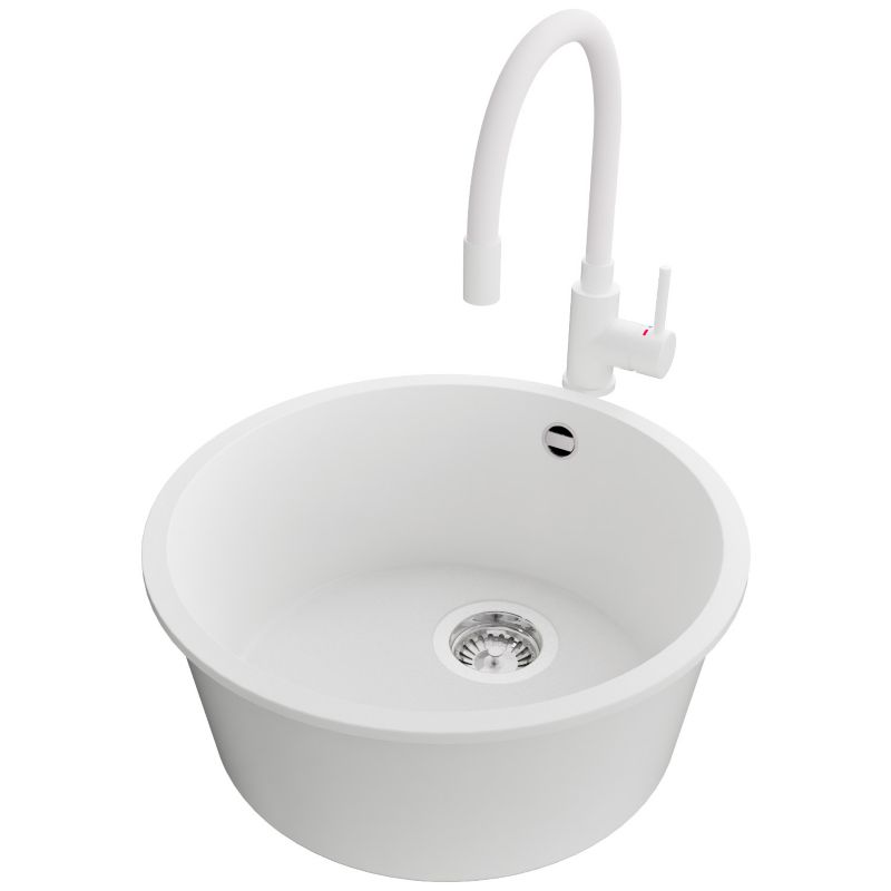 Zlewozmywak Granitowy Okrągły Valetta Slim PRIMAGRAN Nablatowy 46x46cm do szafki od 50cm, Biały + Bateria + Syfon, S029, 1 szt.