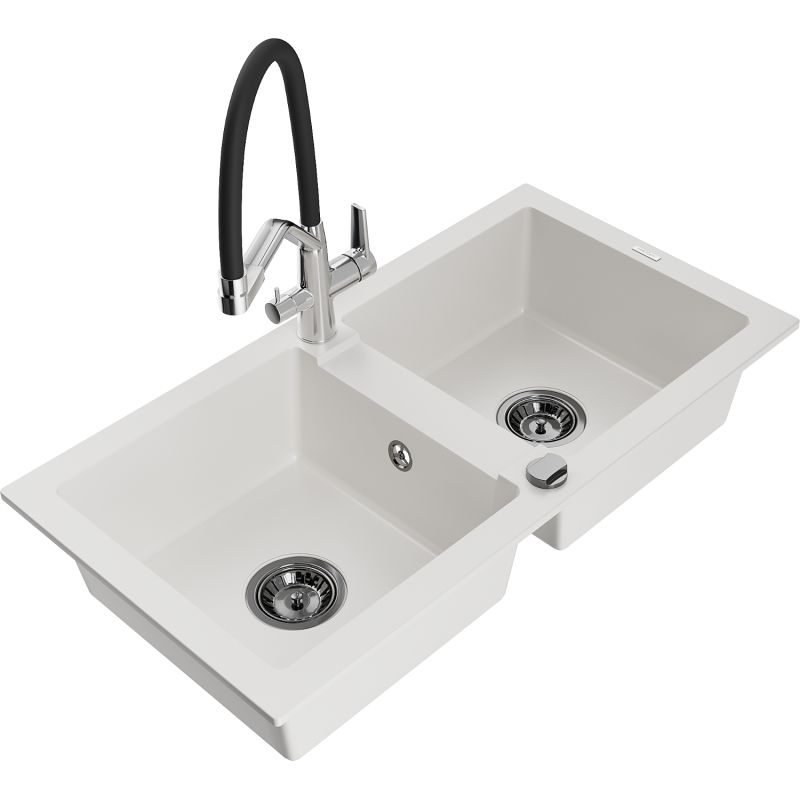 Zlewozmywak granitowy 2-komorowy Mexen Mario z baterią kuchenną Duo biały 6504-20-671701-07-B