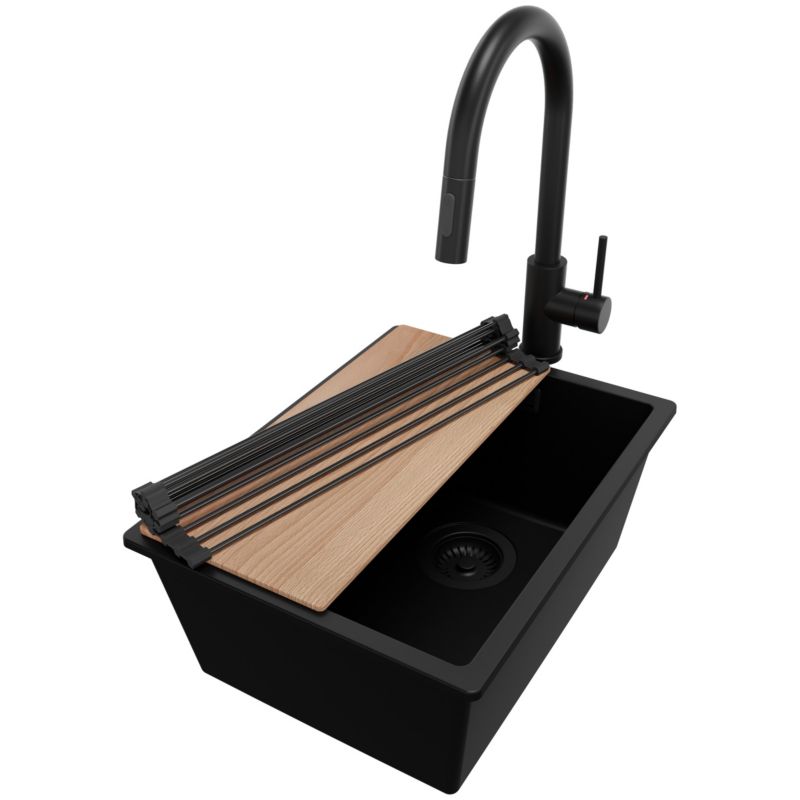 Zlewozmywak Granitowy Londyn Slim PRIMAGRAN Nablatowy 36x47cm do szafki od 40cm z Syfonem i Baterią i Dodatkiem Cały Czarny 1 szt.