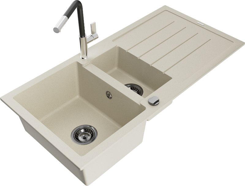 Zlewozmywak granitowy Mexen Andres 1,5-komorowy z ociekaczem i baterią kuchenną Flora beżowy 6515-69-670401-07-B