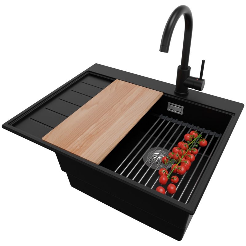 Zlewozmywak Granitowy Sydney PRIMAGRAN Nablatowy 62x50cm do szafki od 45cm, Czarny + Bateria + Syfon + Akcesoria, S128, 1 szt.