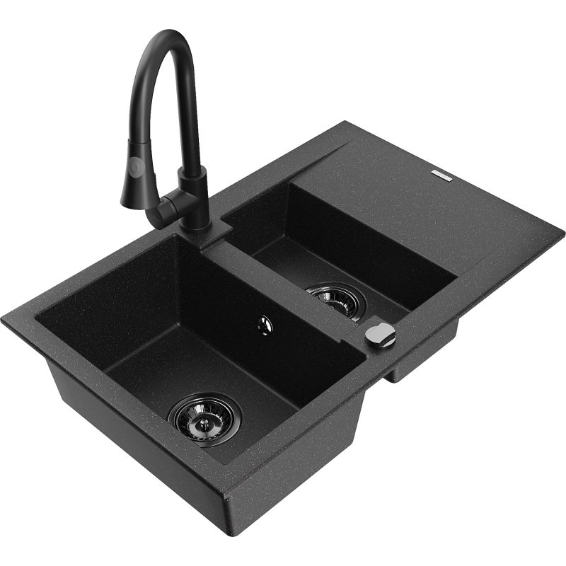 Zlewozmywak granitowy 1.5-komorowy Mexen Gaspar z ociekaczem i baterią Elia czarny/srebrny metalik - 6507-73-670101-70 1 szt.