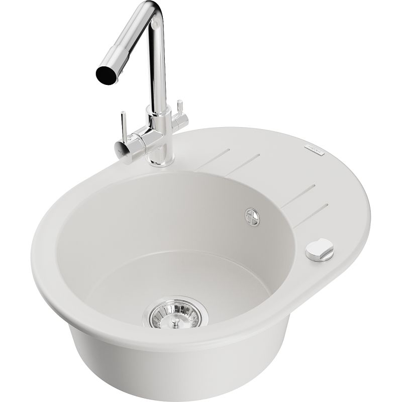 Zlewozmywak granitowy 1-komorowy Mexen Kevin z ociekaczem i baterią kuchenną Duero biały 6517-20-671600-00