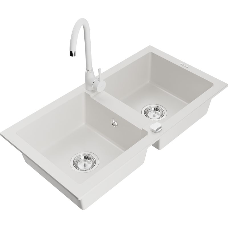 Zlewozmywak granitowy 2-komorowy Mexen Mario z baterią kuchenną Telma biały 6504-20-670200-20
