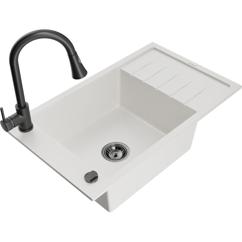 Zlewozmywak granitowy 1-komorowy Mexen Elias z ociekaczem i baterią kuchenną Elia czarny - 6511-77-670101-70 1 szt.