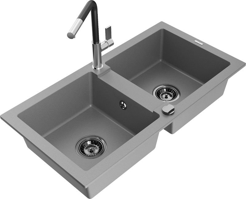 Zlewozmywak granitowy Mexen Mario 2-komorowy z baterią kuchenną Flora szary 6504-71-670401-07-B