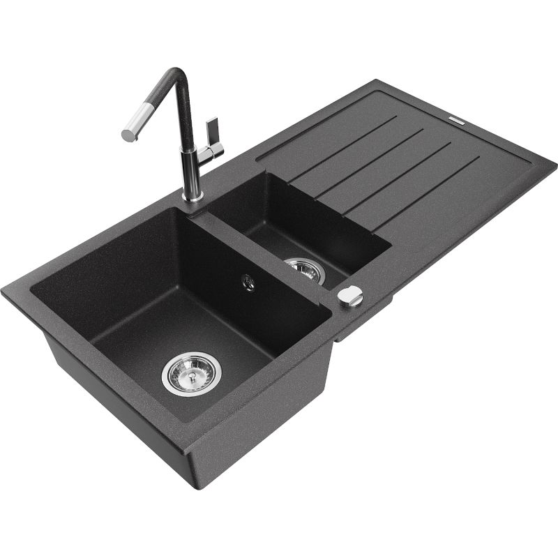 Zlewozmywak granitowy 1.5-komorowy Mexen Andres z ociekaczem i baterią kuchenną Flora czarny nakrapiany 6515-76-670401-08