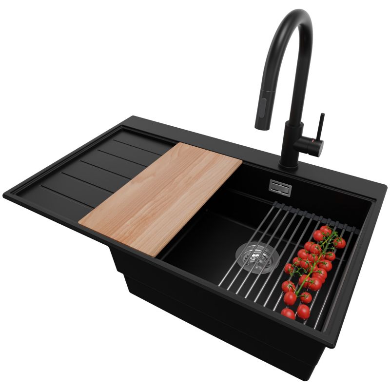 Zlewozmywak Granitowy Sydney PRIMAGRAN Nablatowy 78x50cm do szafki od 50cm, Czarny + Bateria + Syfon + Akcesoria, S323, 1 szt.