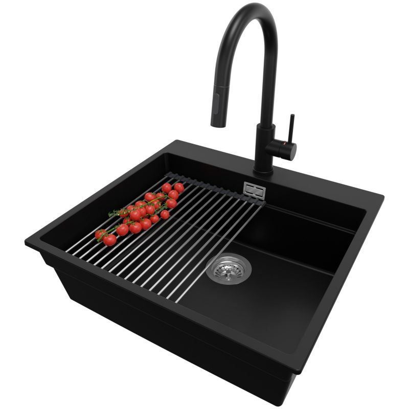 Zlewozmywak Granitowy Oslo Max PRIMAGRAN Nablatowy 58x53cm do szafki od 60cm, Czarny + Bateria + Syfon + Akcesorium, S165, 1 szt.