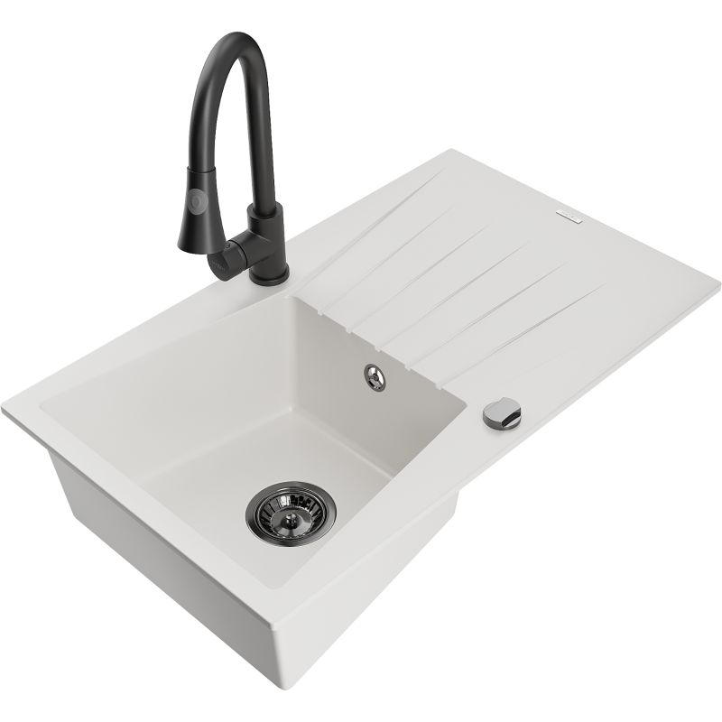 Zlewozmywak granitowy 1-komorowy Mexen Cesar z ociekaczem i baterią kuchenną Elia czarny nakrapiany - 6514-76-670101-76 1 szt.