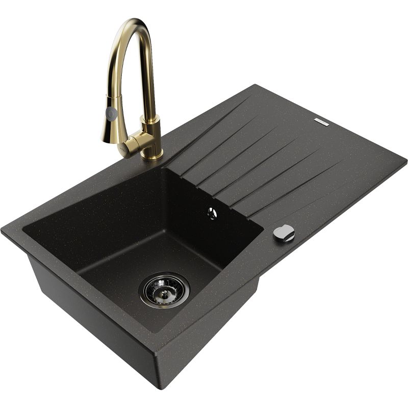 Zlewozmywak granitowy 1-komorowy Mexen Cesar z ociekaczem i baterią kuchenną Elia czarny/złoty metalik 6514-75-670101-50-B