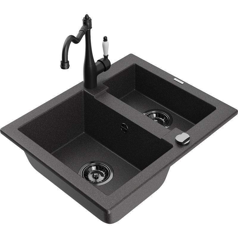 Zlewozmywak granitowy 1.5-komorowy Mexen Carlos z baterią kuchenną Carla czarny nakrapiany 6518-76-670700-70-B