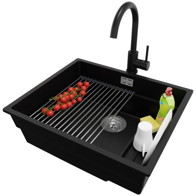 Zlewozmywak Granitowy Praga Slim PRIMAGRAN Nablatowy 56x47cm, Czarny + Bateria + Syfon + Akcesorium, S358, 1 szt.