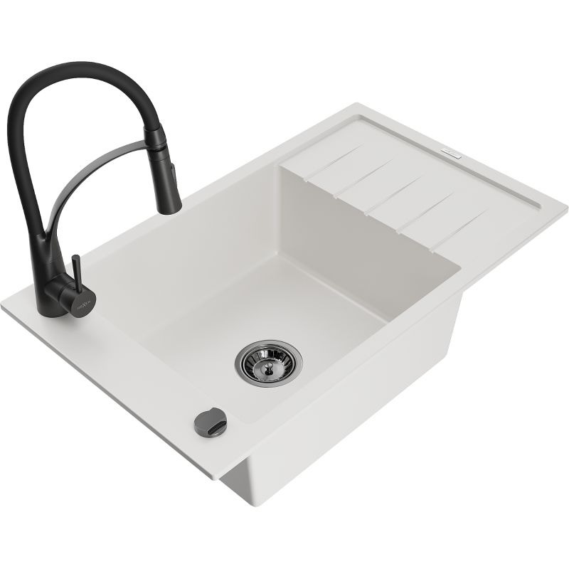 Zlewozmywak granitowy 1-komorowy Mexen Elias z ociekaczem i baterią kuchenną Aster czarny - 6511-77-73450-70-B 1 szt.