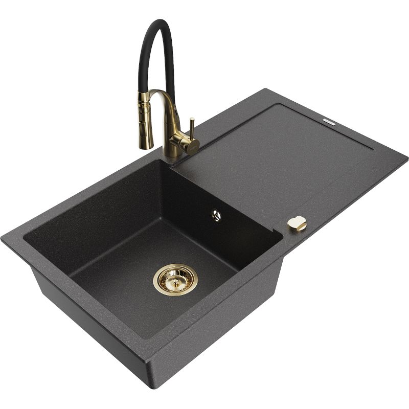 Zlewozmywak granitowy 1-komorowy Mexen Leo z ociekaczem i baterią kuchenną Aster czarny nakrapiany 6501-76-73450-57-G