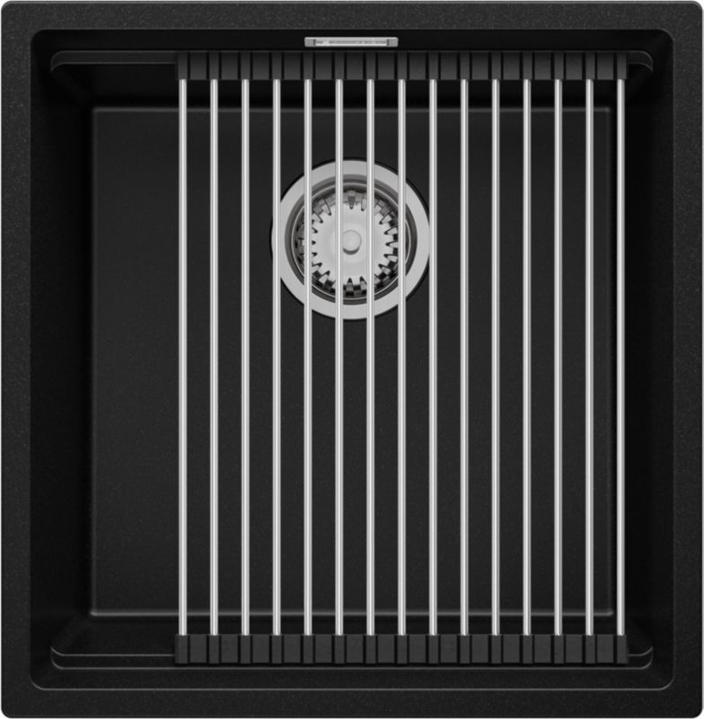 Zlewozmywak podblatowy Praga PRIMAGRAN 46x47cm do szafki od 50cm, Czarny + Syfon + Zwijany ociekacz, S193, 1 szt.