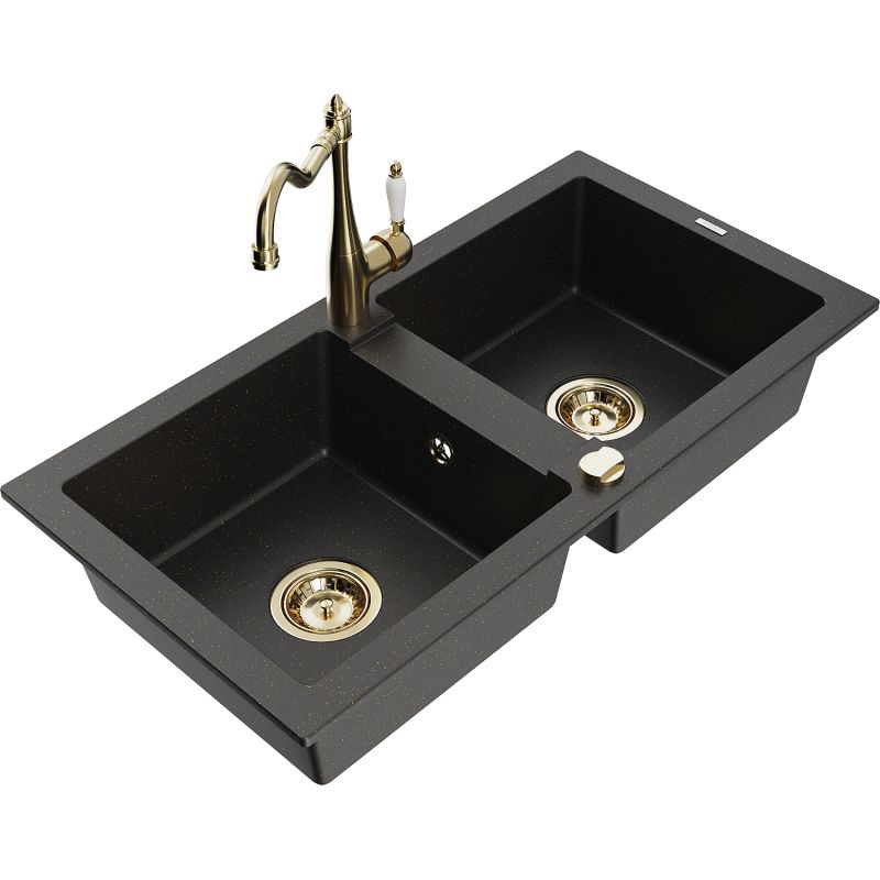 Zlewozmywak granitowy 2-komorowy Mexen Mario z baterią kuchenną Carla czarny/złoty metalik 6504-75-670700-50