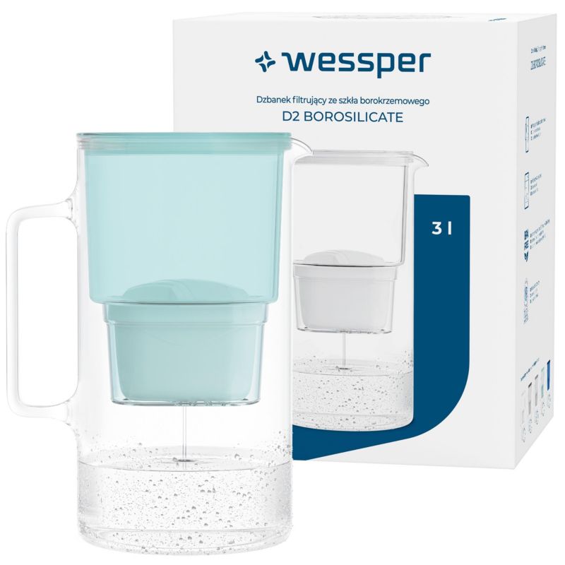 Dzbanek filtrujący wodę 3l, Wessper, szklany, miętowy + 1 filtr do wody Wessper AquaMax, 2szt