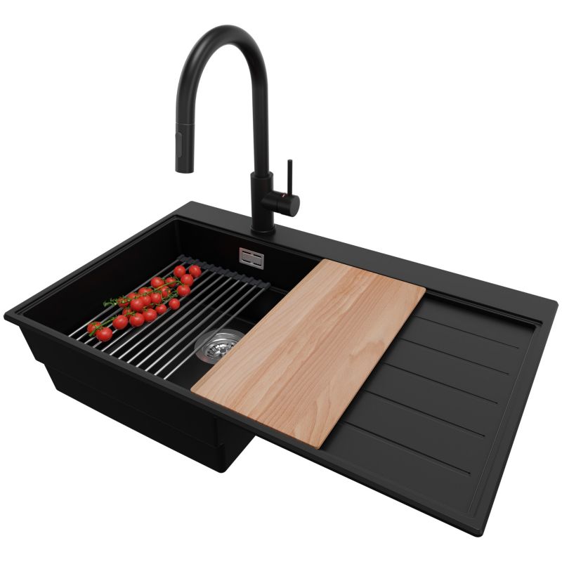 Zlewozmywak Granitowy Sydney PRIMAGRAN Nablatowy 78x50cm do szafki od 45cm, Czarny + Bateria + Syfon + Akcesoria, S275, 1 szt.