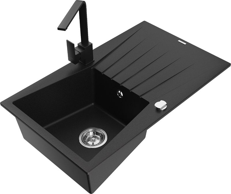 Zlewozmywak granitowy Mexen Cesar 1-komorowy z ociekaczem i baterią kuchenną Rita czarny - 6514-77-670300-00 1 szt.