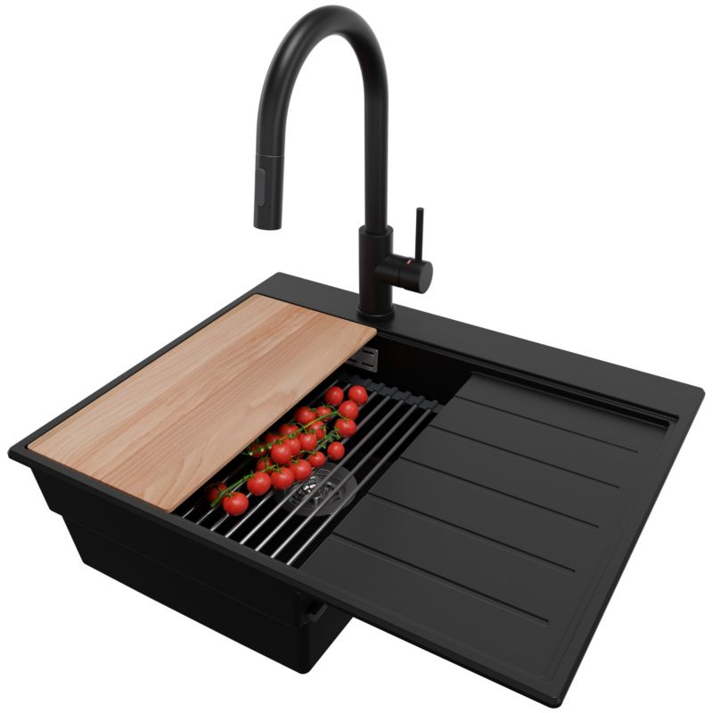 Zlewozmywak Granitowy Sydney PRIMAGRAN Nablatowy 62x50cm do szafki od 40cm, Czarny + Bateria + Syfon + Akcesoria, S083, 1 szt.