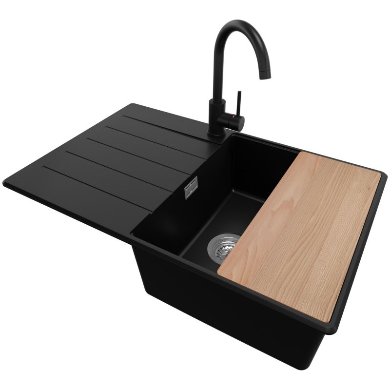 Zlewozmywak Granitowy Kopenhaga PRIMAGRAN Nablatowy 78x50cm do szafki od 50cm, Czarny + Bateria + Syfon + Deska, S537, 1 szt.