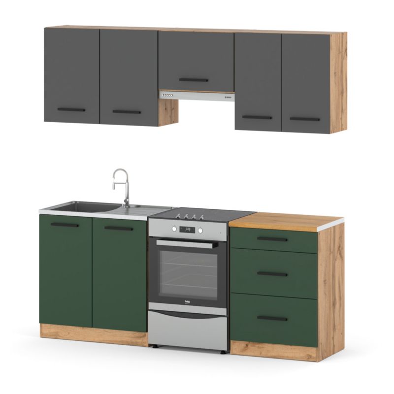 Zestaw Kuchenny Hurtownia-Mebli Z Blatem Kuchnia Mini Mokka Plus 200cm Dąb Wotan Szary Mat/Butelkowa Zieleń 200x47x145 cm 1szt.