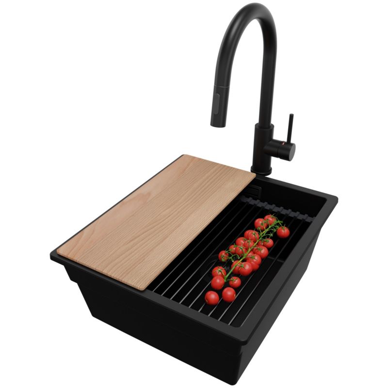 Zlewozmywak Granitowy Praga Slim PRIMAGRAN Nablatowy 41x47cm do szafki od 45cm z Syfonem i Baterią i Dodatkiem Cały Czarny 1 szt.