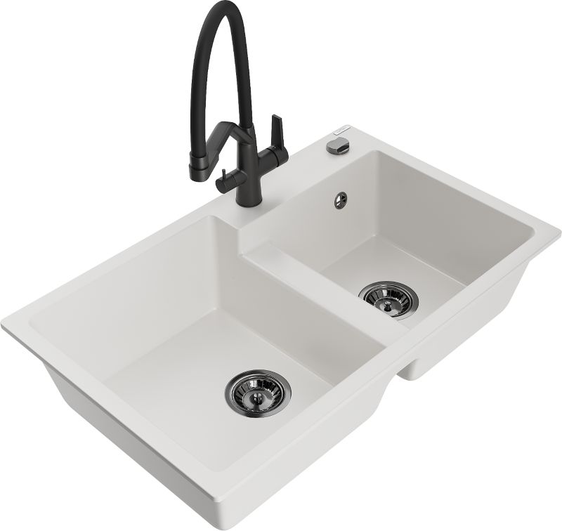 Zlewozmywak granitowy Mexen Tomas 2-komorowy z baterią kuchenną Duo biały - 6516-20-671701-57-B 1 szt.