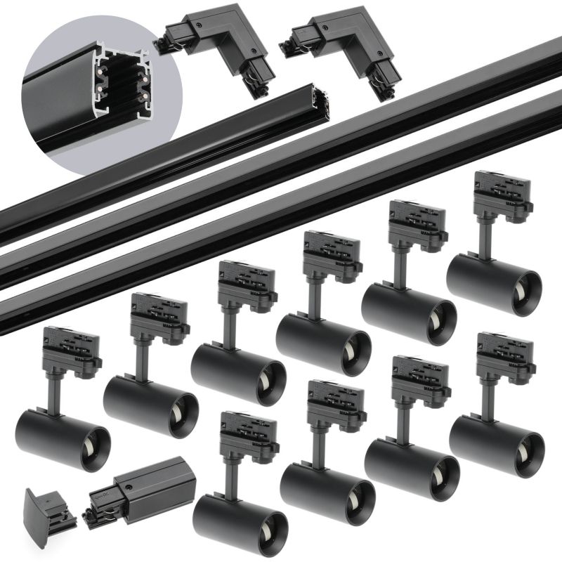 Oświetlenie szynowe 3-fazowe szyna 1m+2m+2m, 10x Lampa, łącznik L czarny 1kpl.