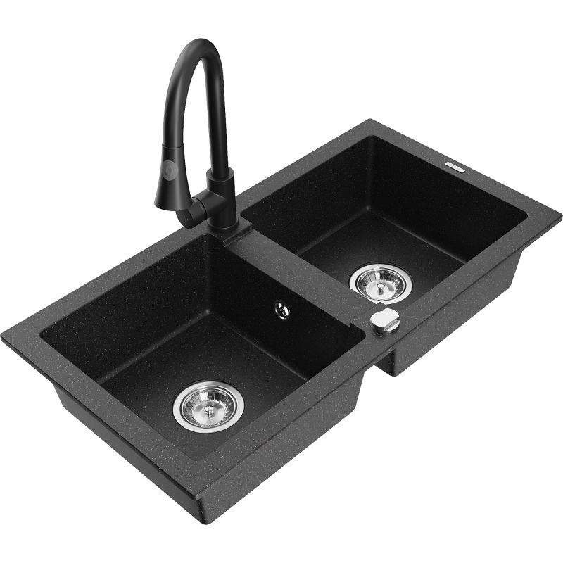 Zlewozmywak granitowy 2-komorowy Mexen Mario z baterią kuchenną Elia czarny/srebrny metalik 6504-73-670101-70