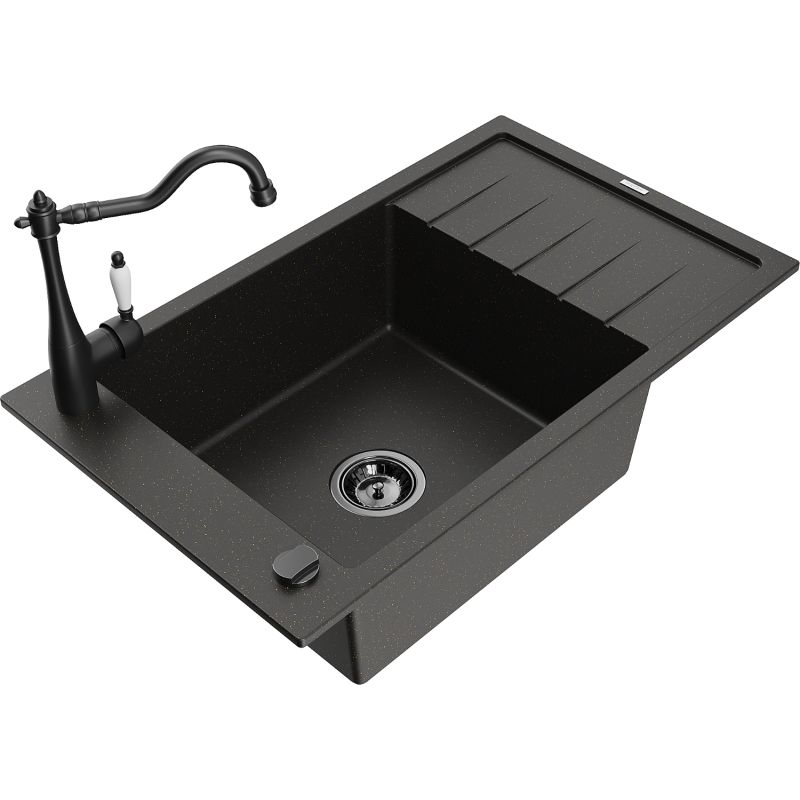 Zlewozmywak granitowy 1-komorowy Mexen Elias z ociekaczem i baterią kuchenną Carla czarny/złoty metalik 6511-75-670700-70-B