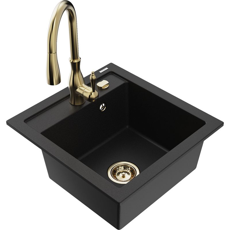 Zlewozmywak granitowy 1-komorowy Mexen Vito z baterią kuchenną Savita czarny 6503-77-672601-50