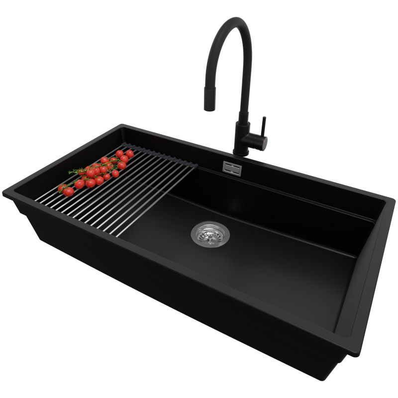 Zlewozmywak Granitowy Praga Slim PRIMAGRAN Nablatowy 86x47cm, Czarny + Bateria + Syfon + Akcesorium, S684, 1 szt.