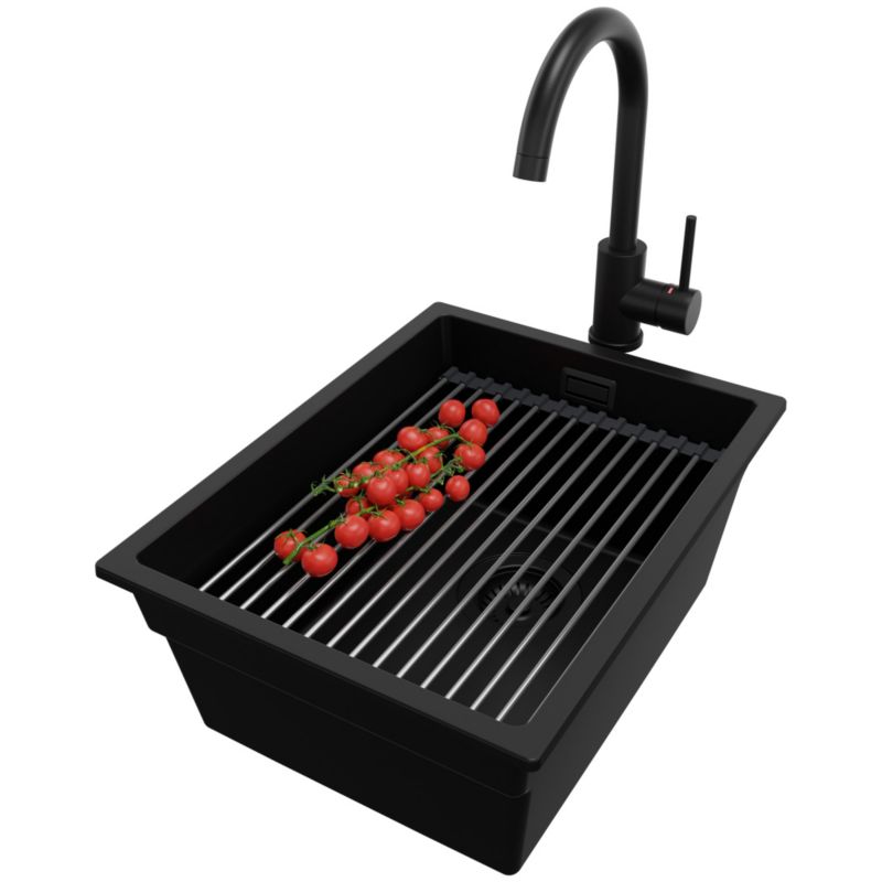 Zlewozmywak Granitowy Praga Slim PRIMAGRAN Nablatowy 36x47cm do szafki od 40cm z Syfonem i Baterią i Dodatkiem Cały Czarny 1 szt.