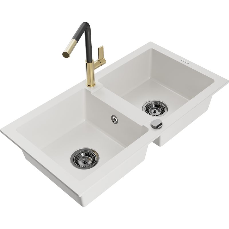 Zlewozmywak granitowy 2-komorowy Mexen Mario z baterią kuchenną Flora biały 6504-20-670401-57-B