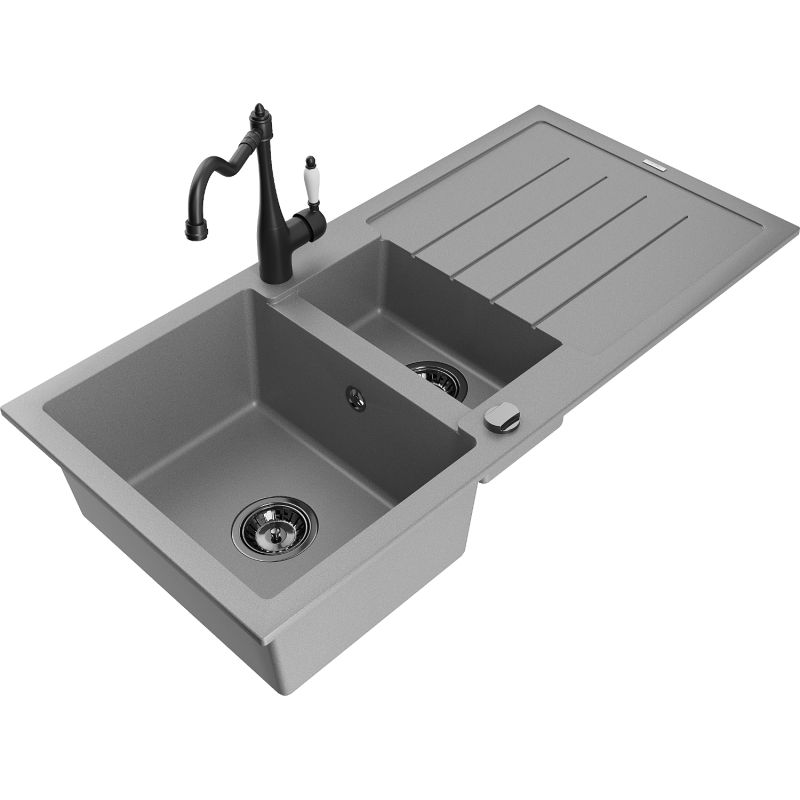 Zlewozmywak granitowy 1.5-komorowy Mexen Andres z ociekaczem i baterią kuchenną Carla szary 6515-71-670700-70-B