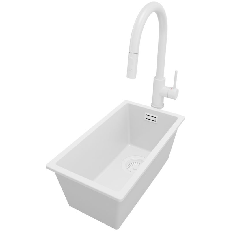 Zlewozmywak Granitowy Londyn Slim PRIMAGRAN Nablatowy 26x47cm do szafki od 30cm, Cały Biały + Bateria + Syfon, S018, 1 szt.