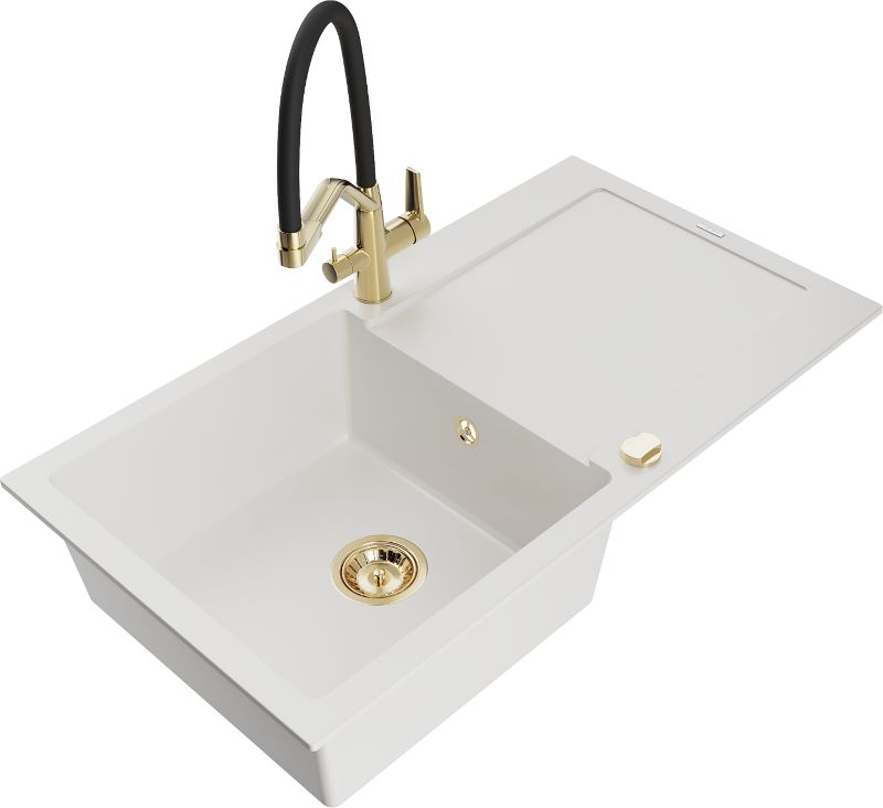 Zlewozmywak granitowy Mexen Leo 1-komorowy z ociekaczem i baterią kuchenną Duo biały - 6501-20-671701-02 1 szt.