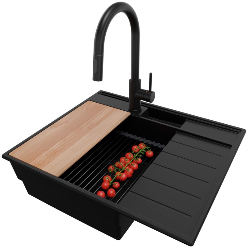 Zlewozmywak Granitowy Sydney Pocket PRIMAGRAN Nablatowy 62x53cm, Cały Czarny + Bateria + Syfon + Akcesorium, S091, 1 szt.