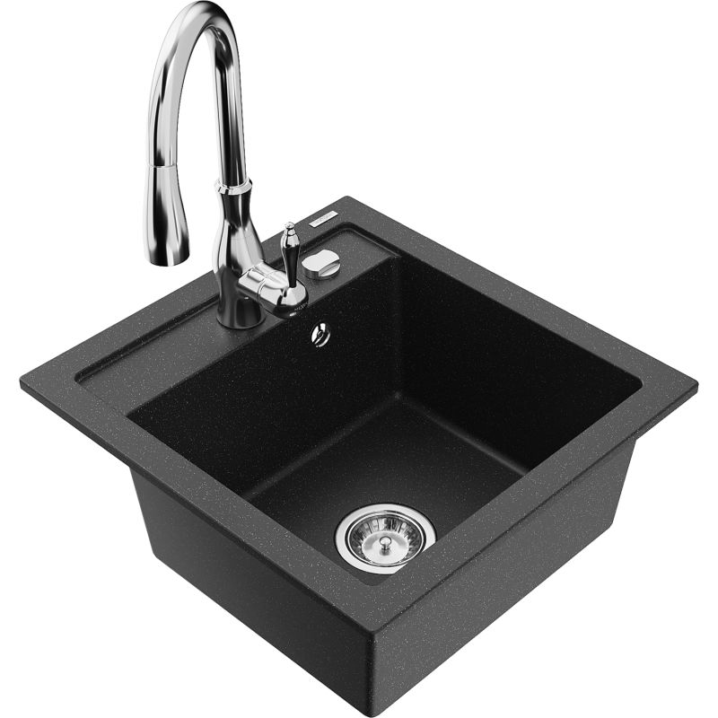 Zlewozmywak granitowy 1-komorowy Mexen Vito z baterią kuchenną Savita czarny/srebrny metalik - 6503-73-672601-70 1 szt.