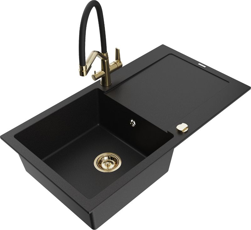 Zlewozmywak granitowy Mexen Leo 1-komorowy z ociekaczem i baterią kuchenną Duo czarny 6501-77-671701-57-G