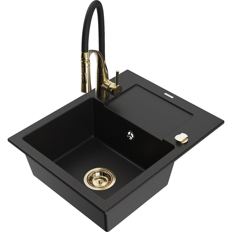 Zlewozmywak granitowy 1-komorowy Mexen Enzo z ociekaczem i baterią kuchenną Aster czarny - 6506-77-73450-07 1 szt.