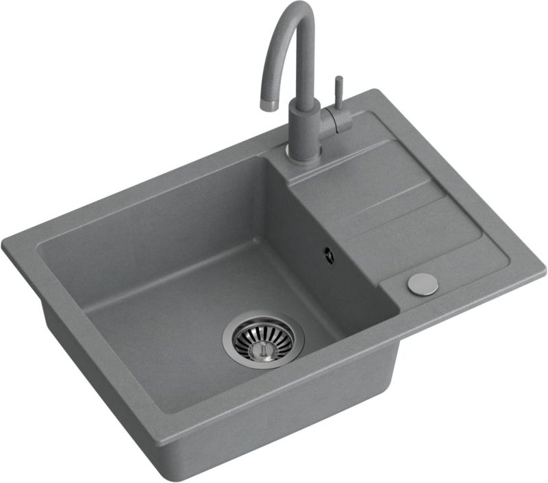 Zlewozmywak 1-komorowy GraniteQ Quadron Go Smart szary + bateria stalowa QFix 1 szt.