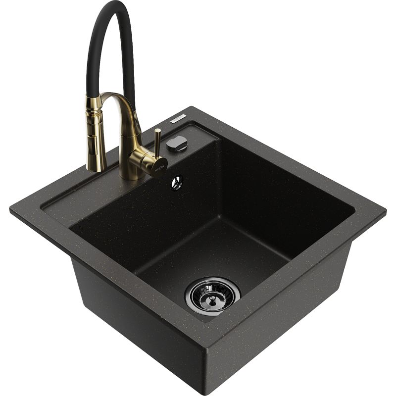 Zlewozmywak granitowy 1-komorowy Mexen Vito z baterią kuchenną Aster czarny/złoty metalik 6503-75-73450-57-B